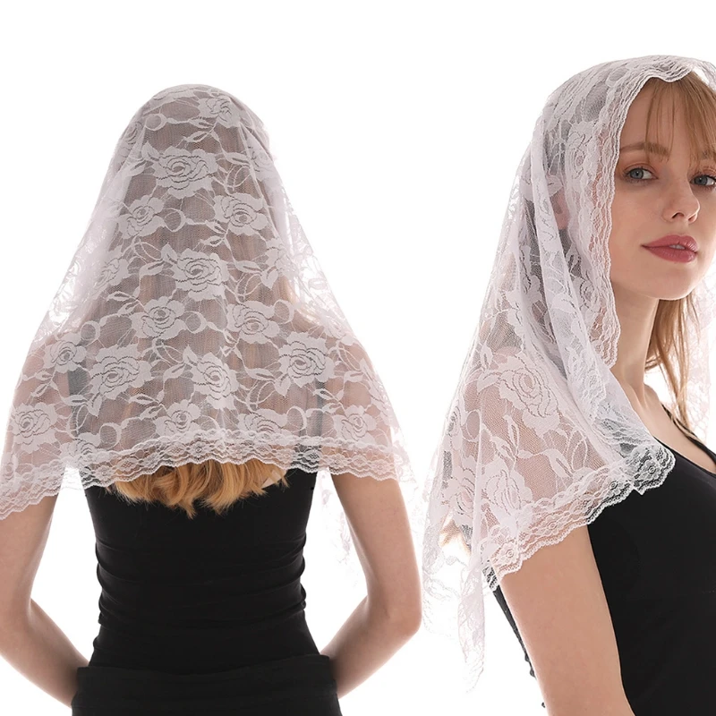 E15E Lace Mantilla Catholic Church Chapel Veil Exquisite Flower Embroideries