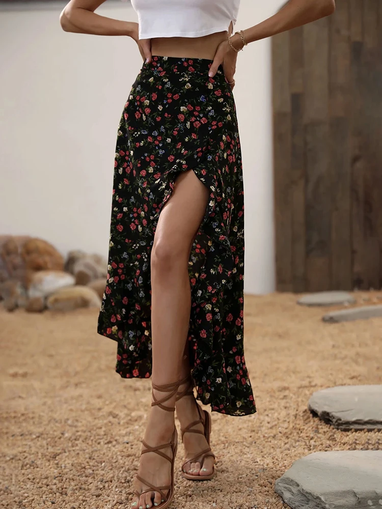 Retro American Beach Floral Skirt Women Slim High Waist Slit Irregular Long Skirts Summer Vintage Ocean Holiday Design Skirt New