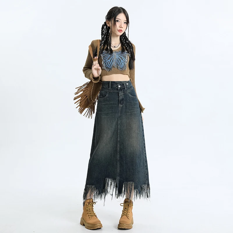 

Women Skirt Spring 2024 Office Lady Fashion Korea Style Solid Loose Asymmetrical High Waist Tassel Cement Ash Skirts