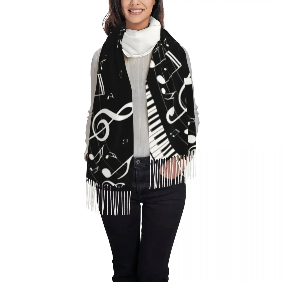 Custom Ladies Large Piano Keyboard Musical Notes Scarves Women Winter Soft Warm Tassel Shawl Wraps Scarf