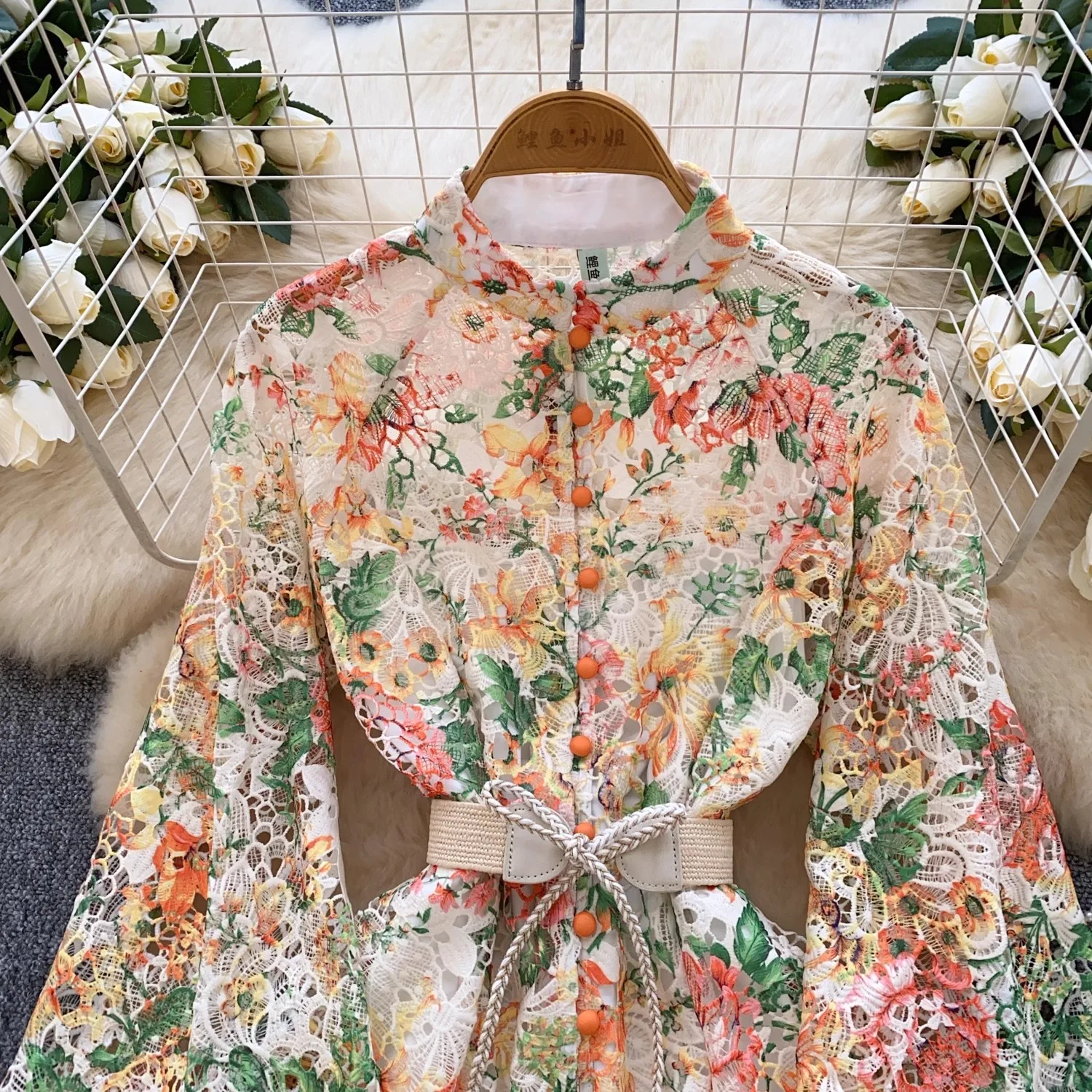 Summer Fashion Embroidery Flower Dress Women's Stand Crochet Lace Hollow Out Stitching Belt Print Prom Party Robe Mini Vestidos