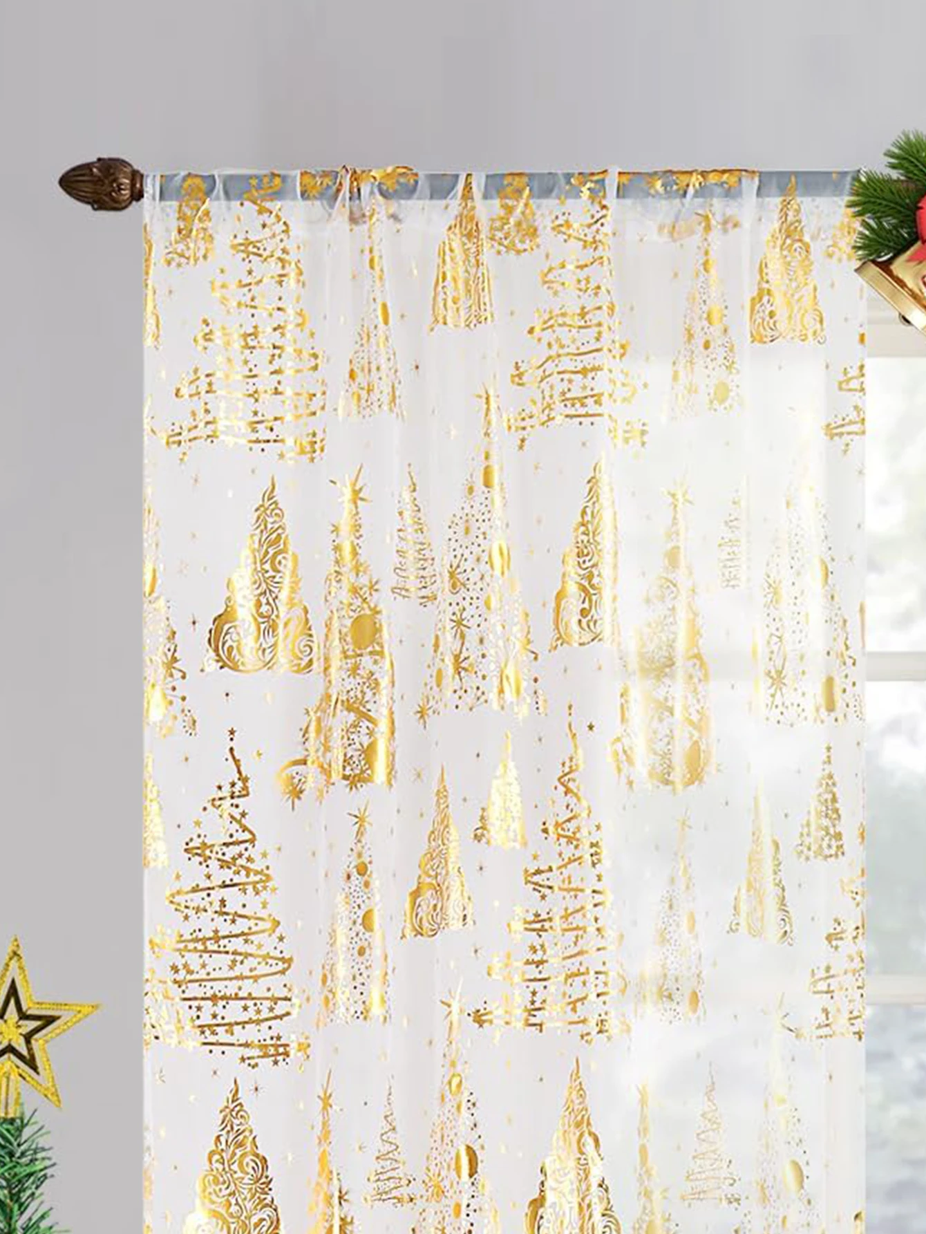 1pc Magical Christmas Tree Print Curtains with Gold Foil for Home Decor, Rod Pocket Curtain for Living Room, Bedroom