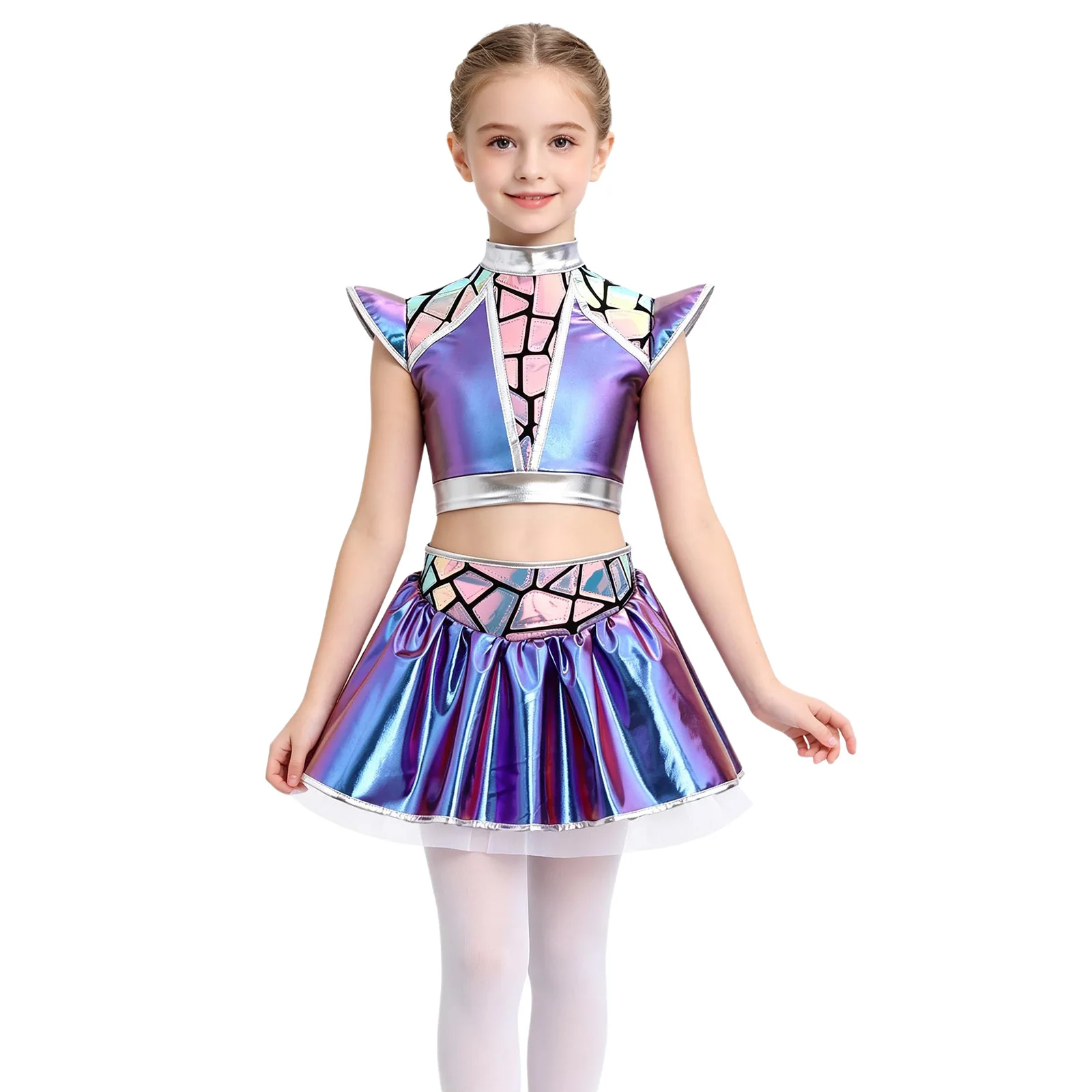 Mädchen-Cheerleader-Kostüm, Alien-Cosplay, Jazz-Hip-Hop-Cheerleading-Outfits, metallischer Reißverschluss hinten, bauchfreies Oberteil, mehrlagiger Rüschenrock – Detail 10