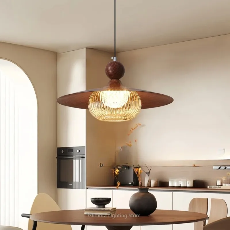 

Mid-Century American Retro Pendant Lamp, Creative Wood-grain UFO Style,Metal & Wood,for Dining Room Bar Counter, Art Decor Light