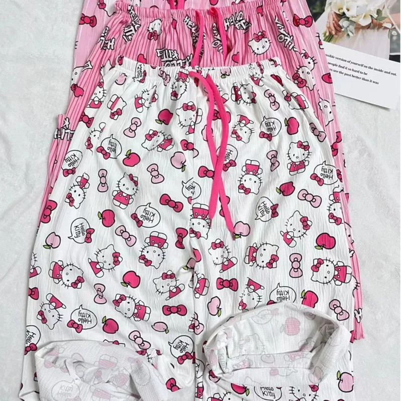 Cute Korean Style Cartoon Hello Kitty Sweet Sleeping Pants for Women in Summer Loose and Thin Pink Casual Home Pants for Girls