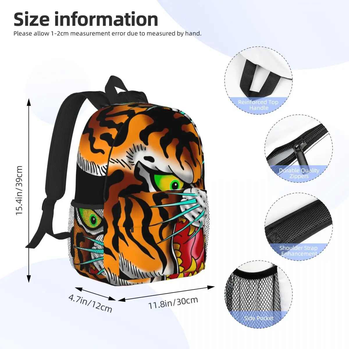 Traditional Tattoo Cartoon Tiger Backpack Daypack Large Capacity Boys Girls BookBag Shoulder Bags for Unisex Children School Bag