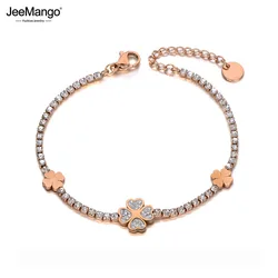 JeeMango Classic Clay Rhinestone Flower Charm Bracelet For Women Stainless Steel CZ Crystal Chain Bracelet For Christmas JB19135