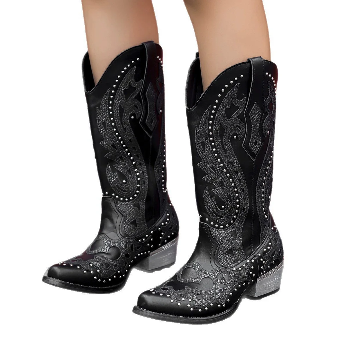 Women Black Rhinestone Studded Western Cowboy Mid Calf Boots Cut Out Embroidery Pointed Toe Block Heel Pull On Ladies Vintage