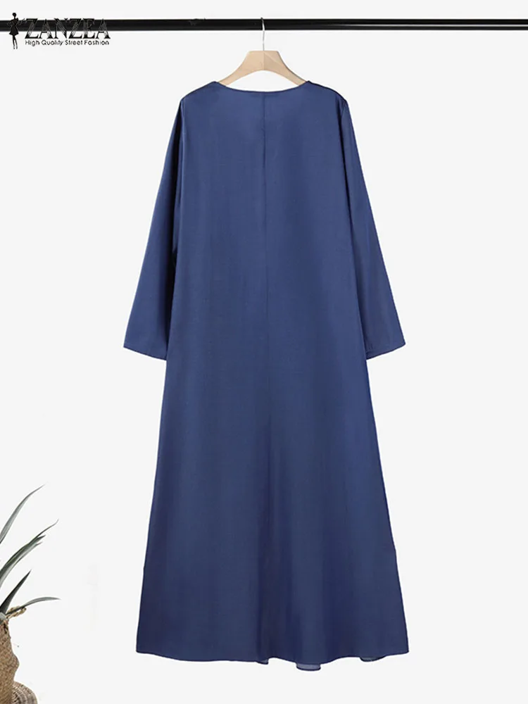 2025 ZANZEA Women Spring Vintage Long Sleeve Ruffles Maxi Dress Autumn Solf Denim Sundress Casual Loose Solid Vestido Robe Femme