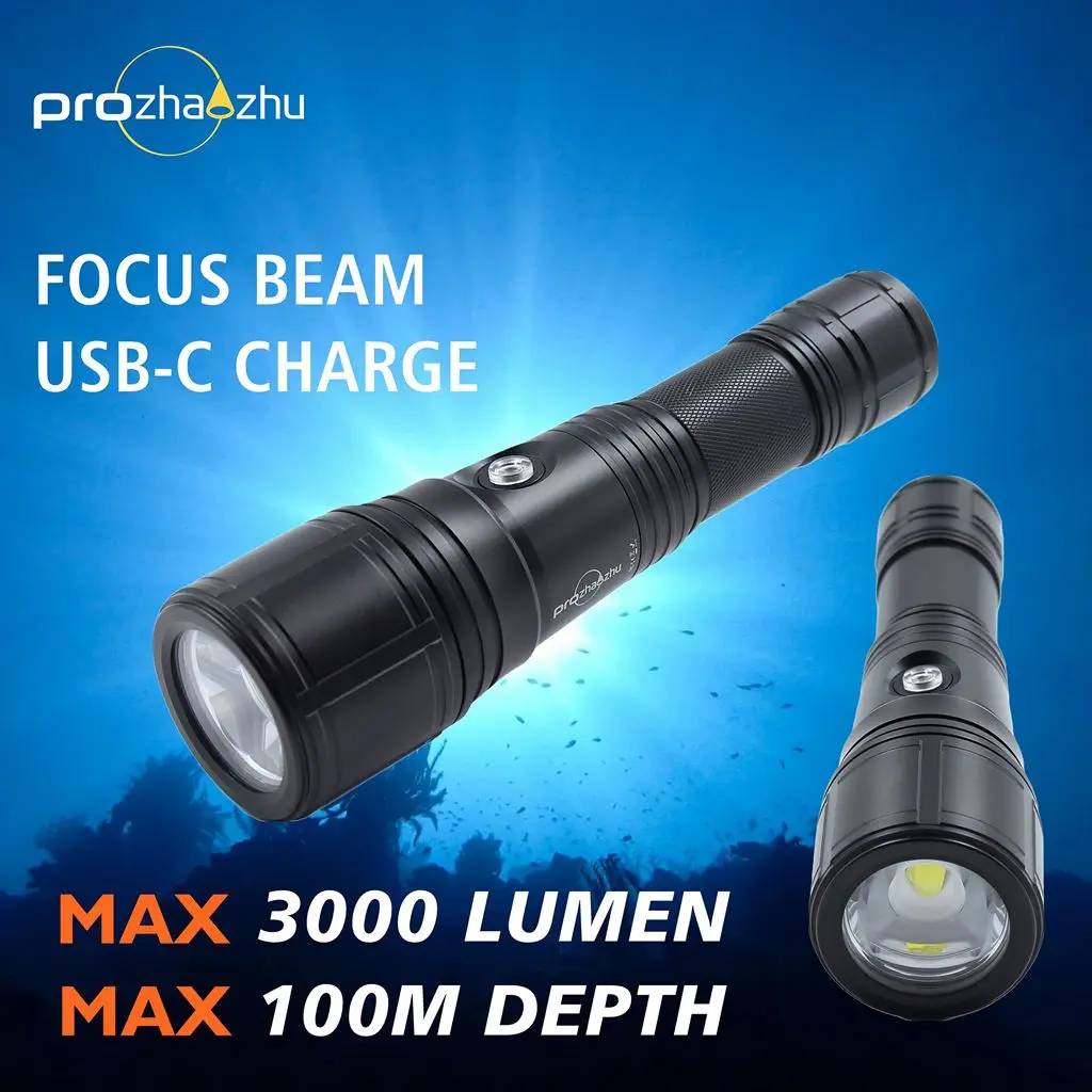 3000 Lumen IP68 100M Zoom Focus 26650 Rechargeable H-M-SOS Multifunction Aluminum Alloy Diving Flashlight