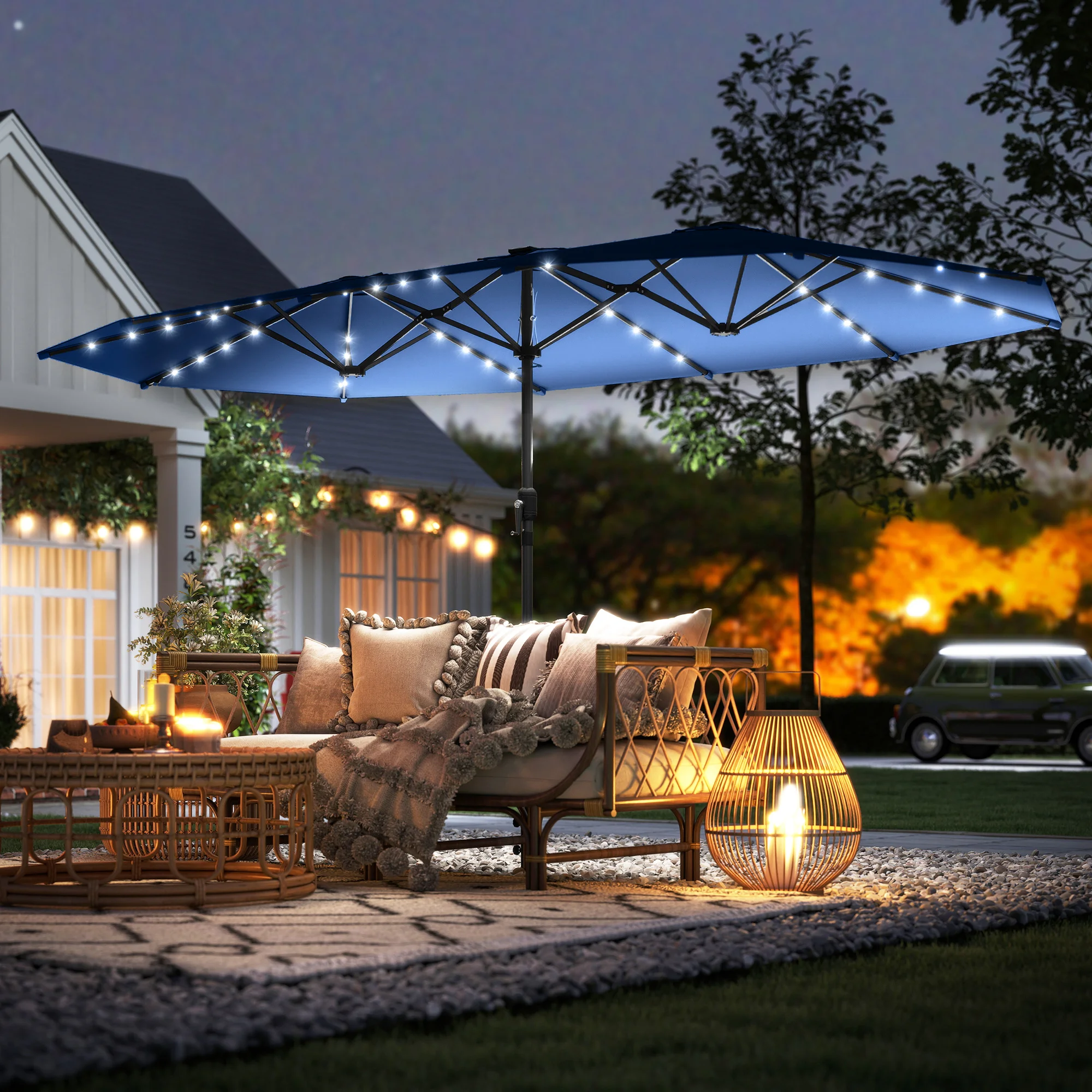 Garden Parasol, Double-Sided Sun Umbrella with LED Solar Lights, Patio Parasol for Outdoor, Blue