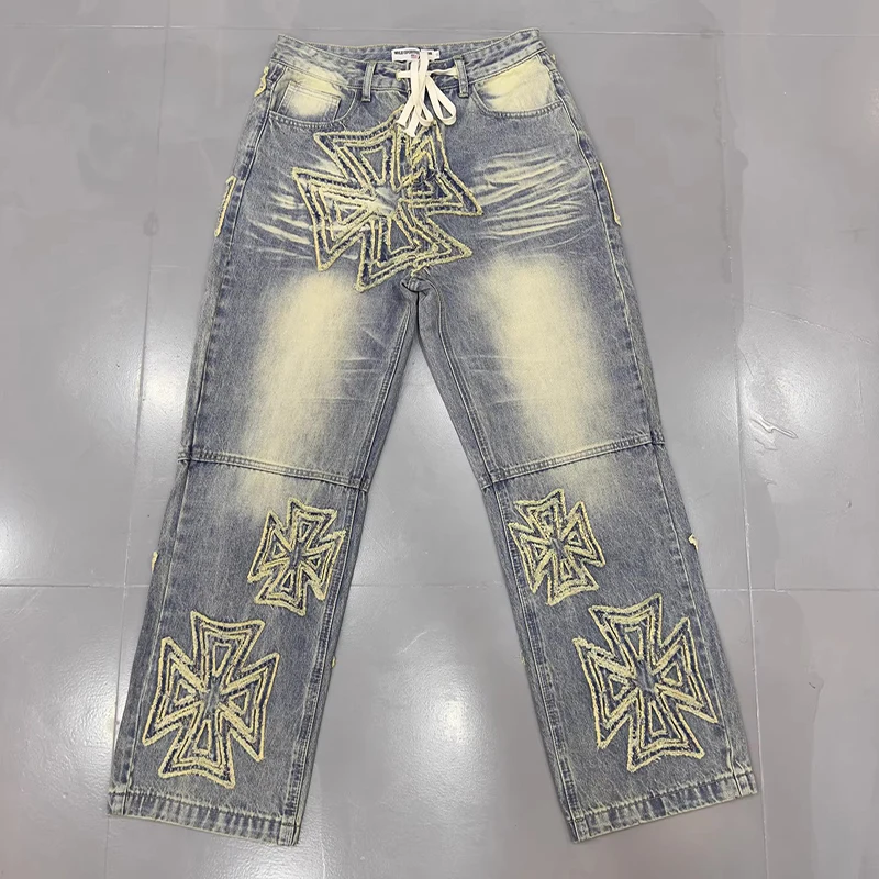 

Mens Embroidered Letter Embroidered Denim Washed Loose Fit Pants