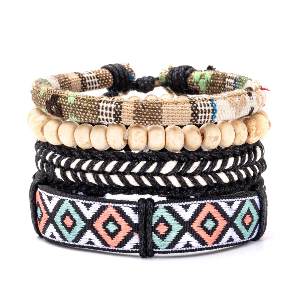 4Pcs/ Set Braided Wrap Leather Bracelet for Men Vintage Life Tree Rudder Charm Wood Bead Ethnic Tribal Wristband Rope Bracelet