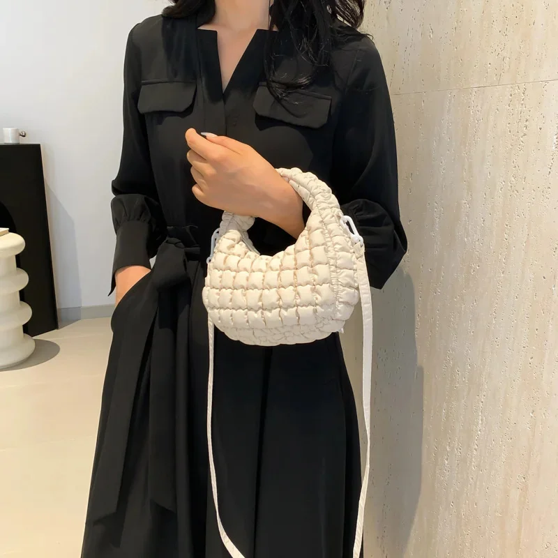 Women Girls Solid Color Quilted Tote Bags Cute Small Ruched Handbags Cloud Pleated Bubbles Shoulder Bags Fashion Underarm Bags