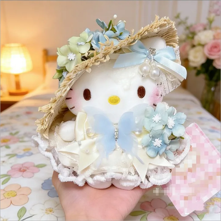 

Hello Kitty Summer Garden Style Plush Doll with Straw Hat Blue Flower Lace Dress and Butterfly Detail