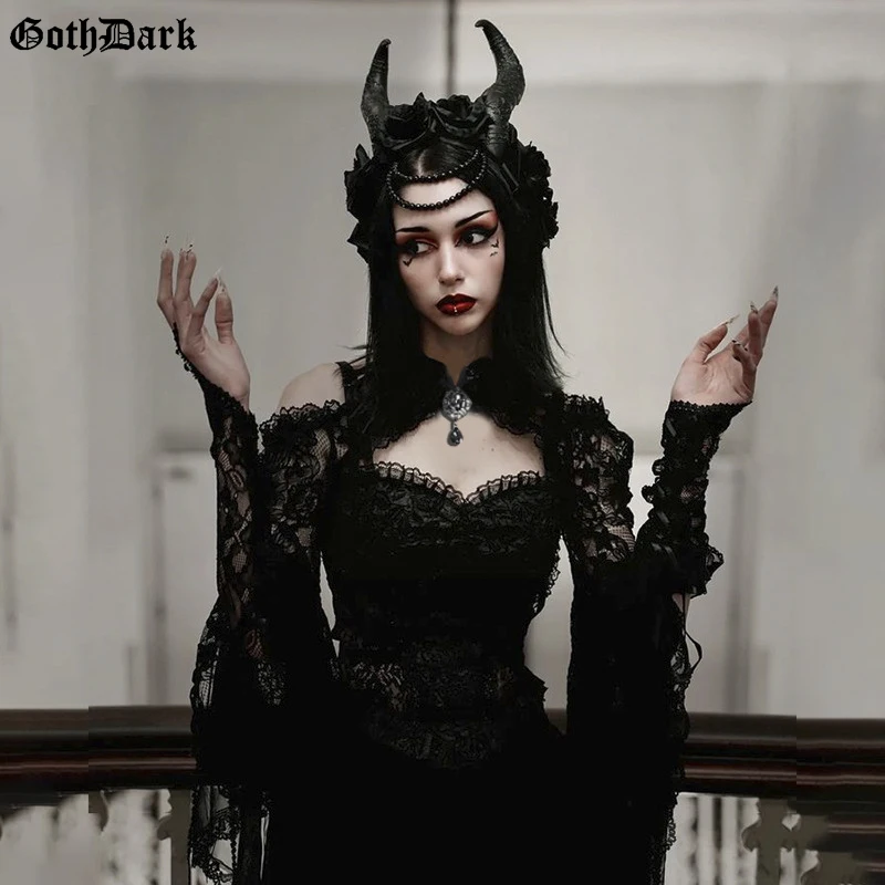 Goth Dark Elegant Mall Gothic Crop Shrug Tops Lace Flare Sleeve Subculture Female Black Emo Alternative Aesthetic Cover Up