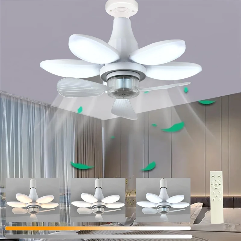 

E27 LED Bulb with Fan 50w Ceiling Fans with Light and Remote Control Dimmable Socket Fan Light for Bedroom Living Room Kitchen