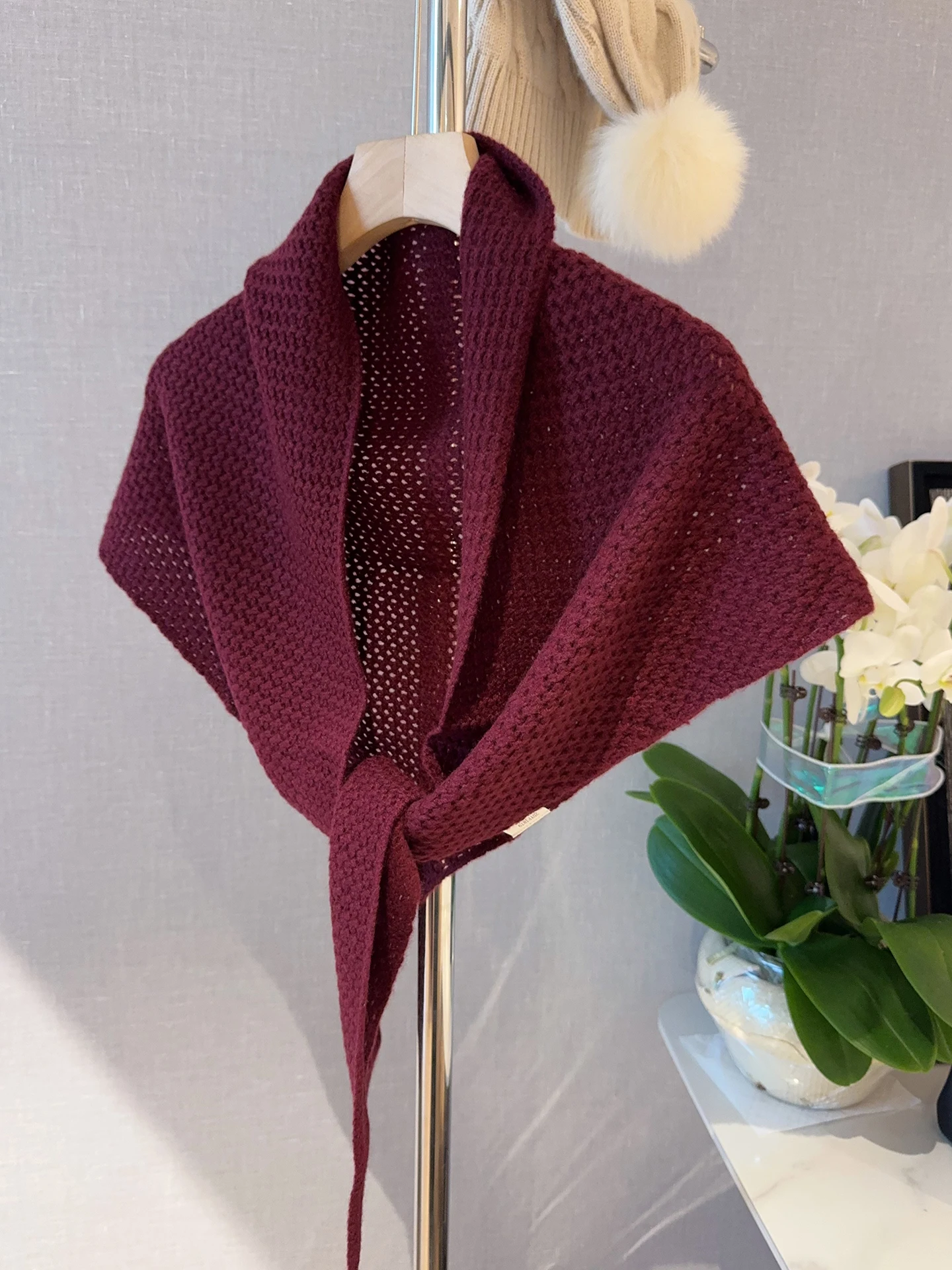 

Autumn Winter Korean Style Knitted Cashmere Hollow out Scarf Women's Fashion Accessory Versatile Wine Red Shoulder Wrap