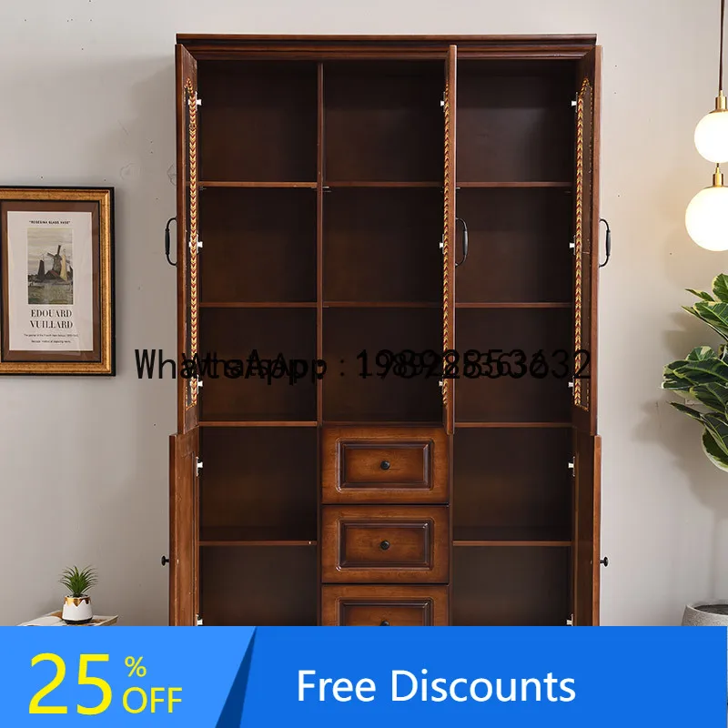 Solid Wood Bookcase with Glass Doors, Three Doors, Simple Retro Vintage Storage, Student Bookshelf, Office File Cabinet