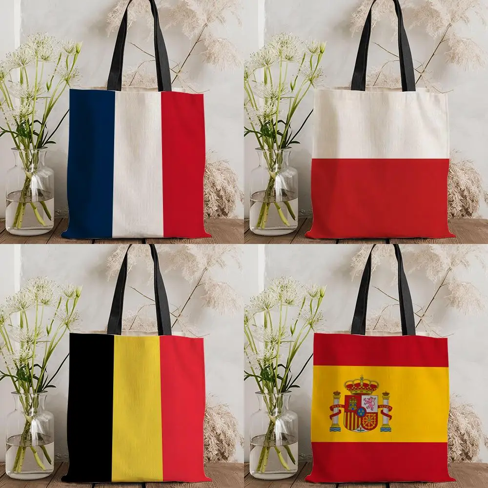 European National Flags Storage Bags Double-Sided Print Canvas Tote Bag Fashion Large Capacity Women's Shoulder Handbag