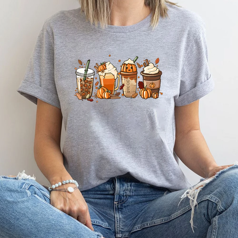 Fall Coffee Pumpkin T-Shirt Comfort Colors Halloween Shirt Coffee Latte Shirts Retro Halloween Tee Unisex Short Sleeves Tops