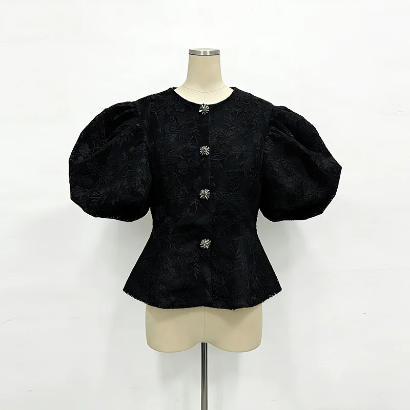 YYAHAHAS French Tweed Jacket Women 2026 Summer Pearl Rhinestone Button Elegant Round Neck Puff Sleeve Embroidered Top