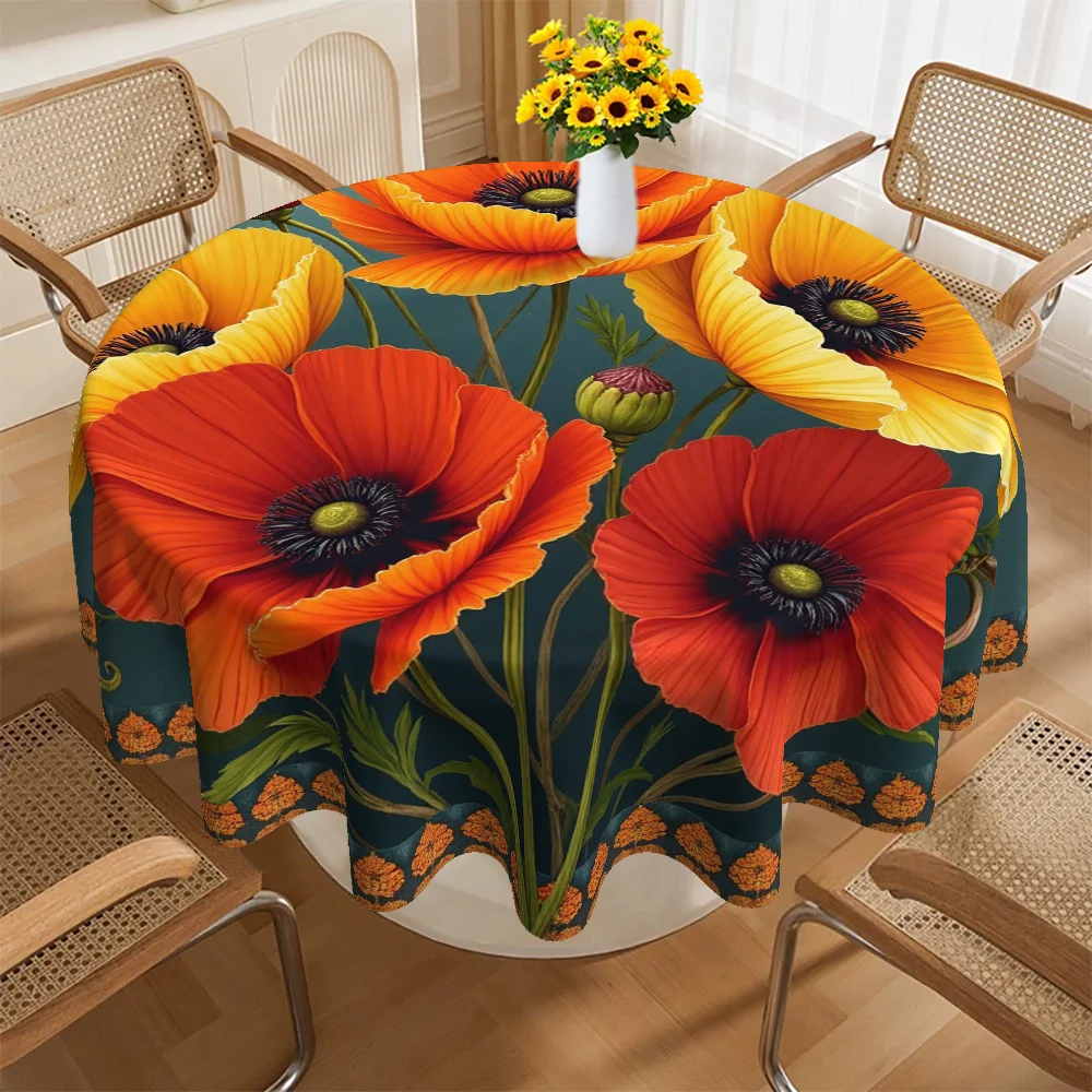 

Red Yellow Poppies Dark Teal Blue Golden Border Round Table Cover Durable Fabric for Kitchen Dining Table Home Decor
