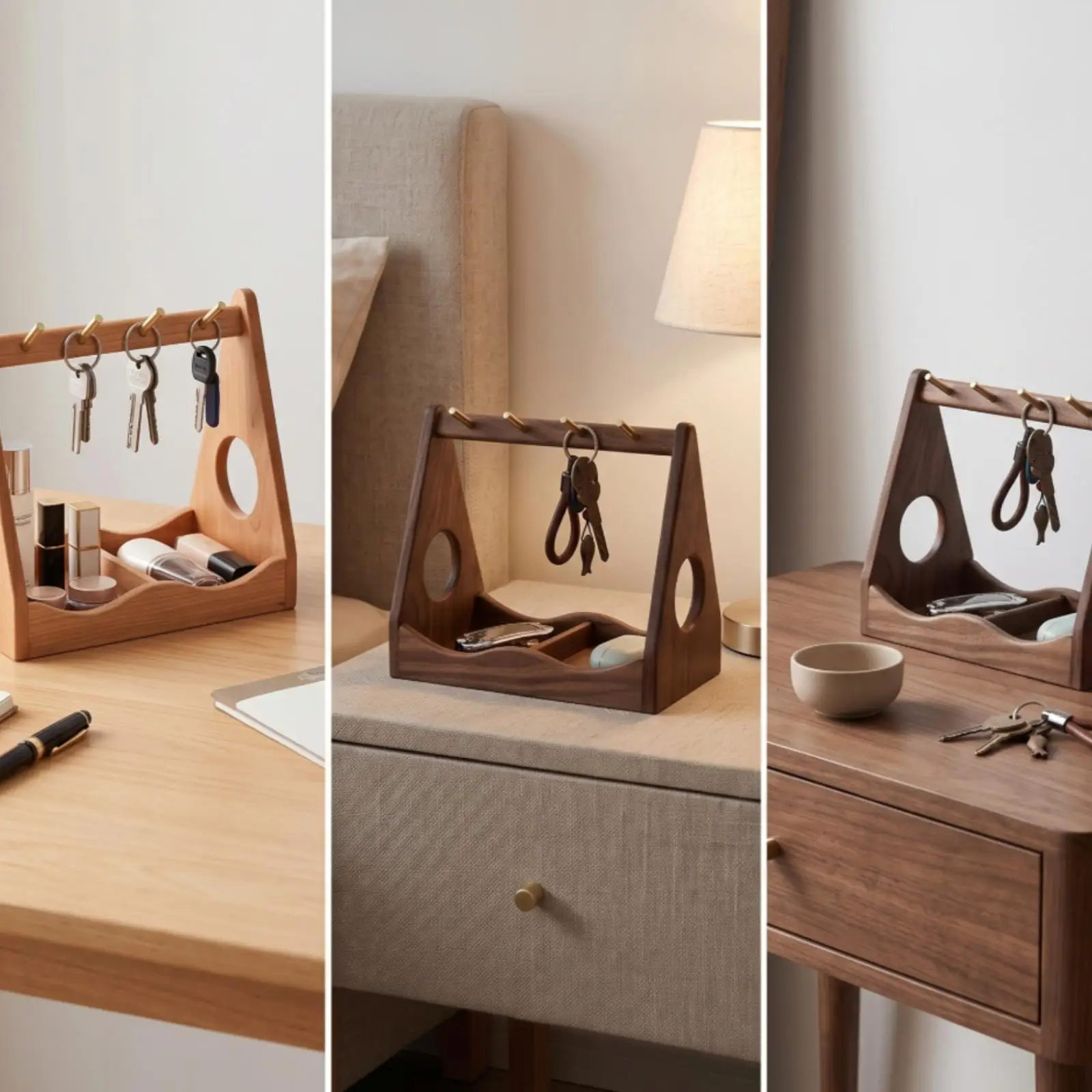 Cherry Wood Key Storage Rack with Brass Hooks for Wall Key Holder Jewelry Organizer Desktop Entryway Decor