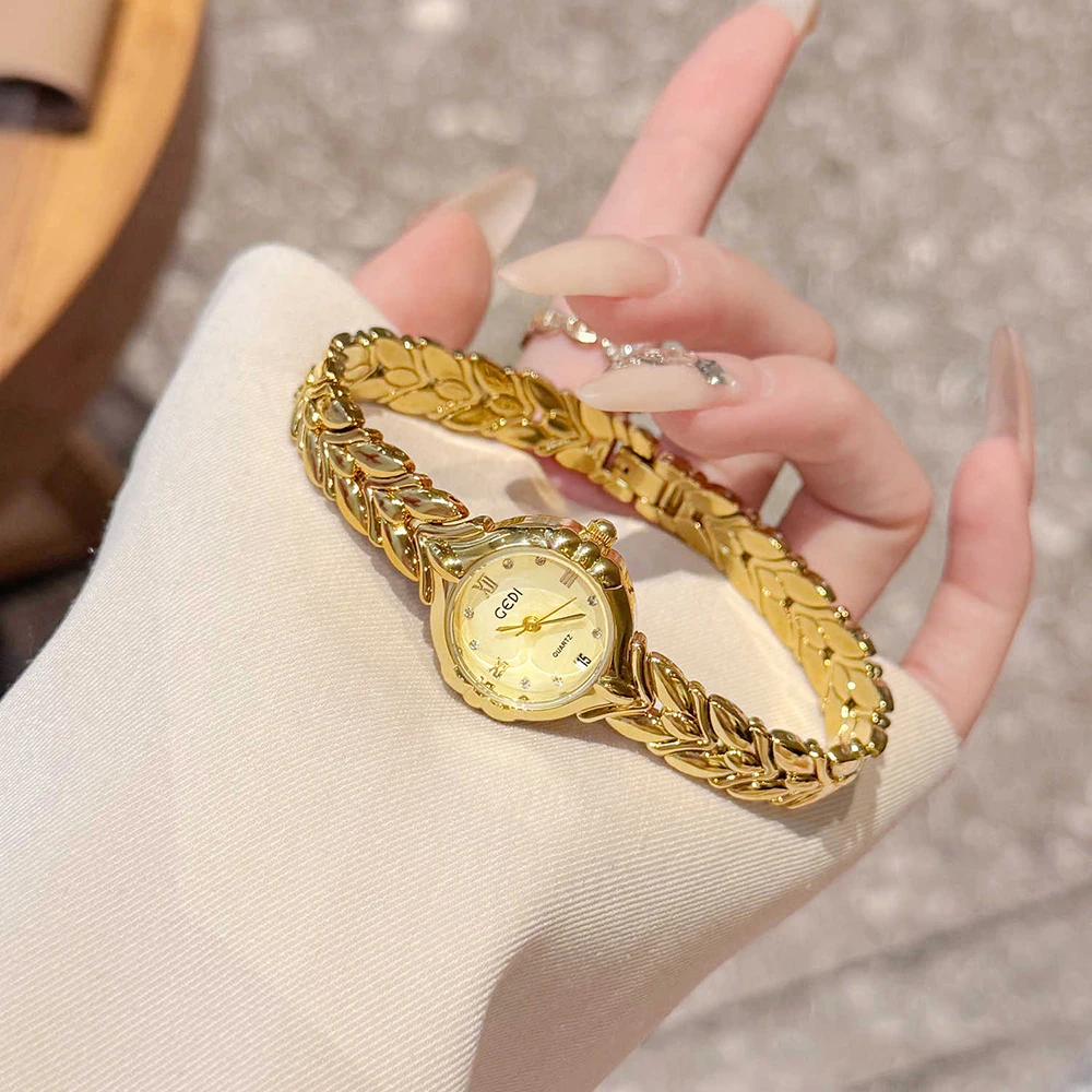 GEDI New Fashion Watch for Women Small Dial Gold Watches Delicate Wheat Bracelet Casual Elegant Quartz Wristwatch Ladies Gifts