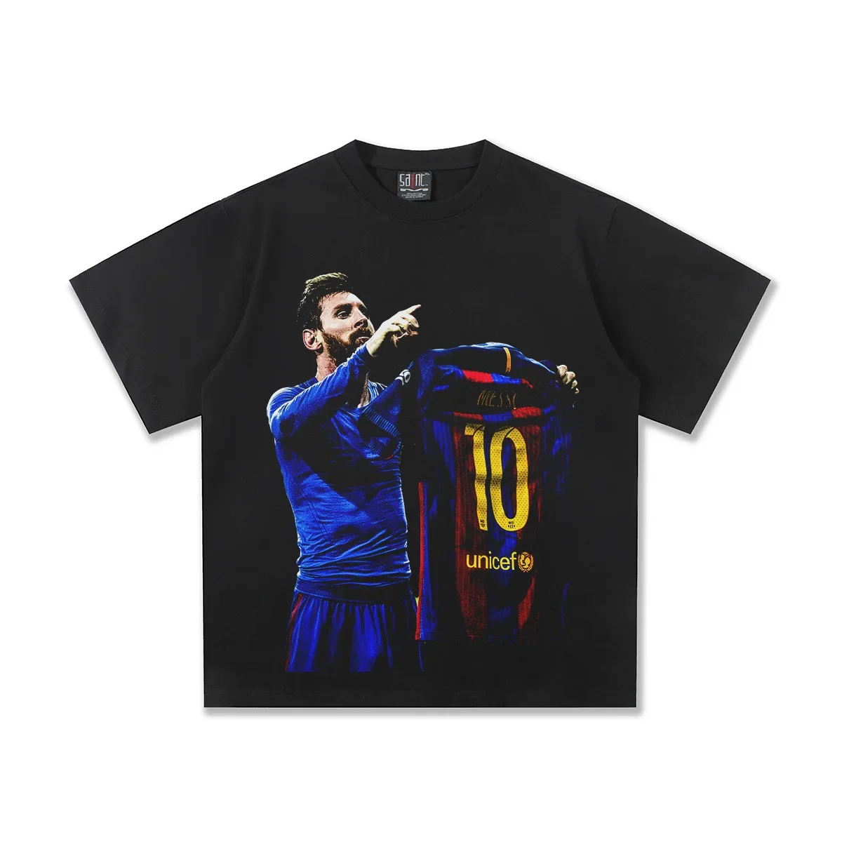 

2025 Messi Barcelona fútbol americano estampado Vintage moda suelta marca personalidad algodón manga corta Camiseta