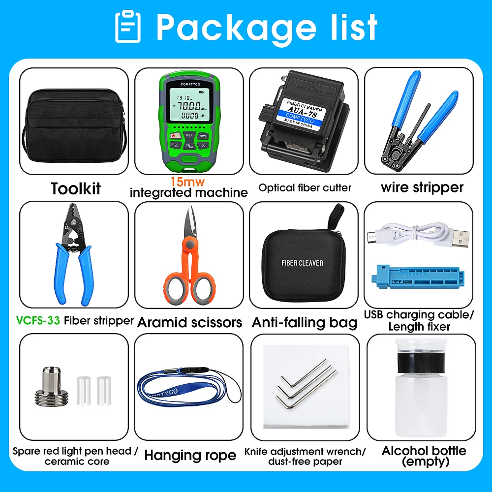 FTTH Fiber Optic Tool Kit Fiber Cleaver -70~+10dBm AUA-MC70 4 in 1 Mini Optical Power Meter with 15mw Visual Fault Locator