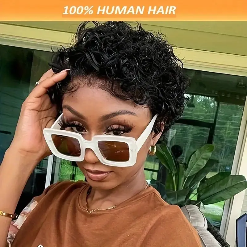 Chic Pixie Cut Lace Front Wig for Women 13x1 HD Transparent 180% Density Brazilian Human Hair Short Curly Black