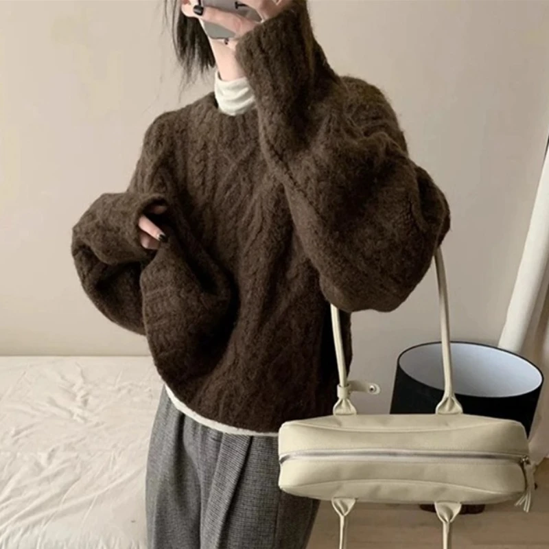 2025 herbst Winter Frauen Lange Ärmel Einfarbig Oansatz Pullover Sweatr Herbst Elegante Casual Koreanischen Stil Lose Gestrickte Top