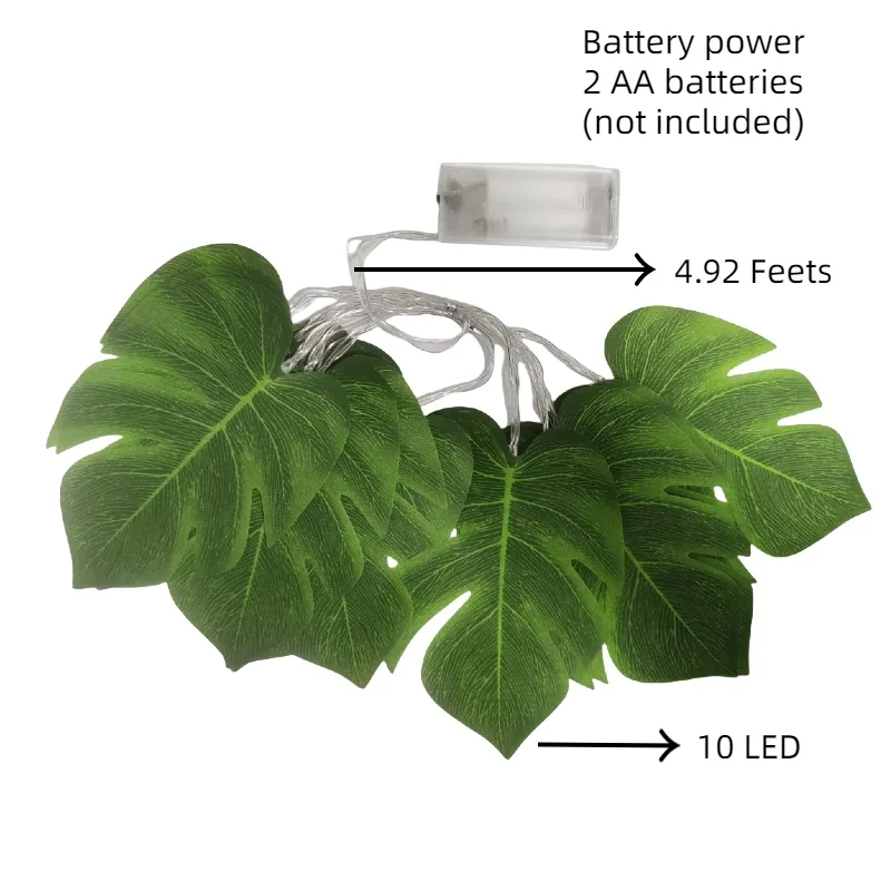 Monstera-Blatt-Lichterkette, tropische künstliche Rattan-Palme, grüne Blätter, Wandbehang, Weingrün, Party-Sommerdekoration – Detail 1