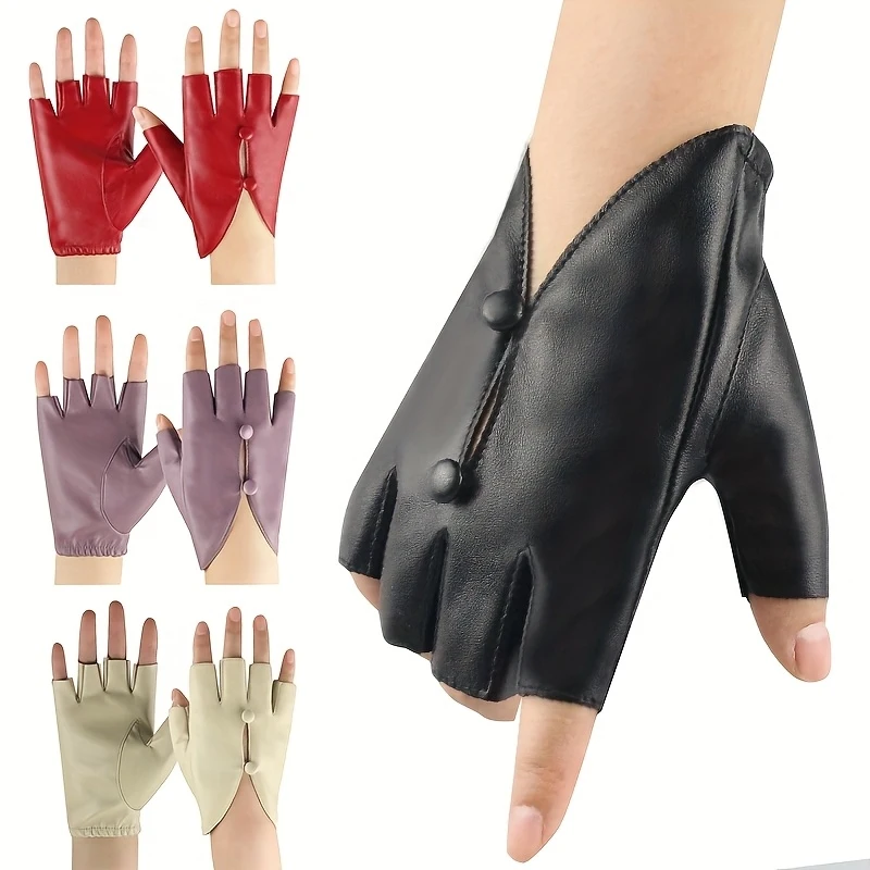 Half Finger Leather Gloves for Women's Spring and Summer Performances, Stage Dancing, Cycling, Exposed Back of the Hand