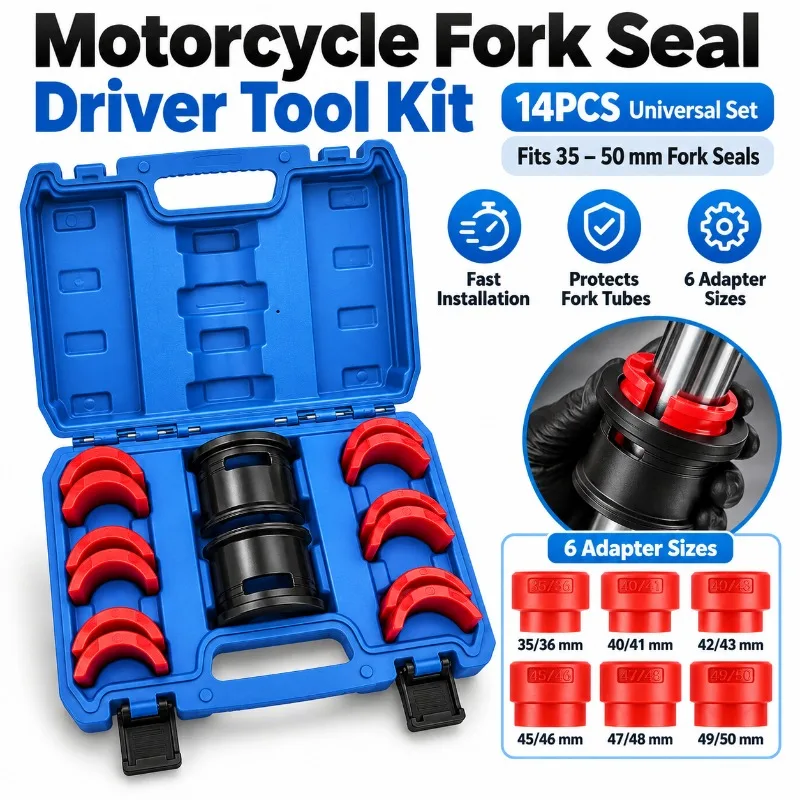 14Pcs Motorcycle Fork Seal Driver Tool Kit 35-50mm Universal Oil Seal Installer Set with 6 Adapters for Front Fork Repair