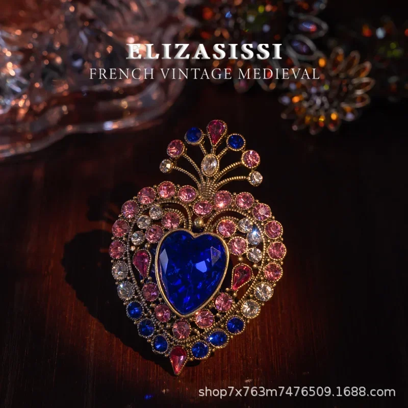 New, medieval sapphire blue, retro style, the story of the heart, literary elegance, heart-shaped brooch full of diamonds