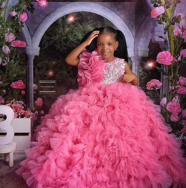 Pink African Flower Girl Dresses Ball Gown Ruffles Appliques Baby Little Girl Peageant Dress Gowns For Black Girls Customized