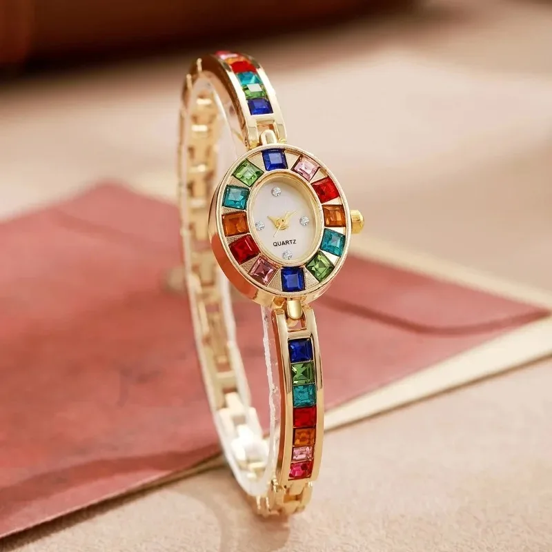 2025 Best Selling Luxury Colorful Rhinestone Oval Women Watches Elegant Gold Ladies Wristwatch Reloj Mujer Girls Clock Gift