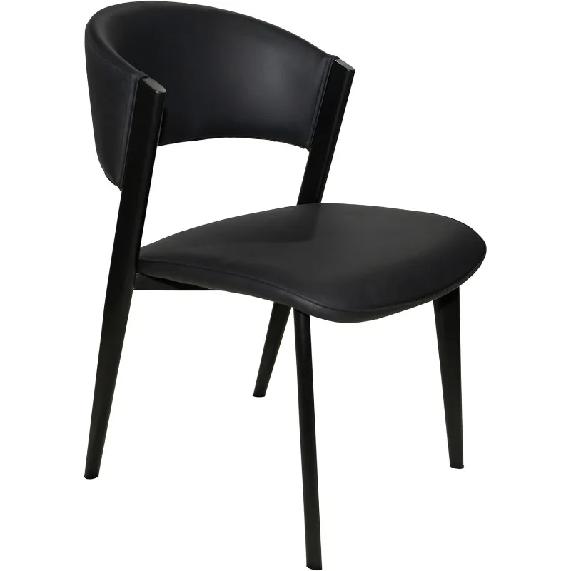 Dining Chair Upholstered in Leather with Curved Open-Back Design Waterfall Edge Seat and Powder-Coated Iron Legs