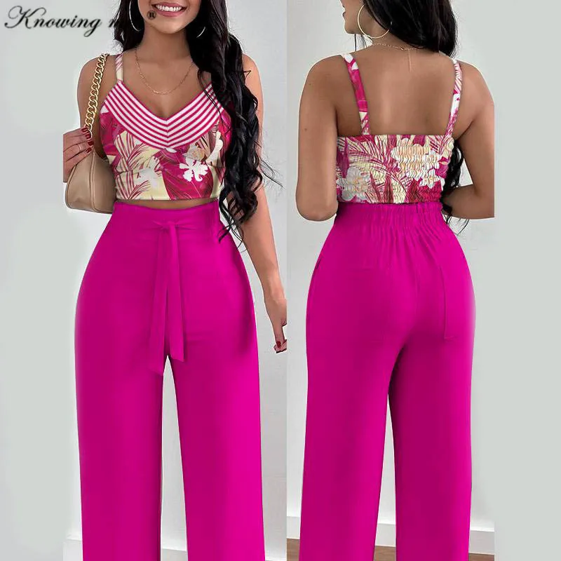 

Lady Sexy Stripe 2pcs set Women Summer Floral print V neck Crop top & Lace up Elastic waist Long pants 2pcs set Elegant slim set