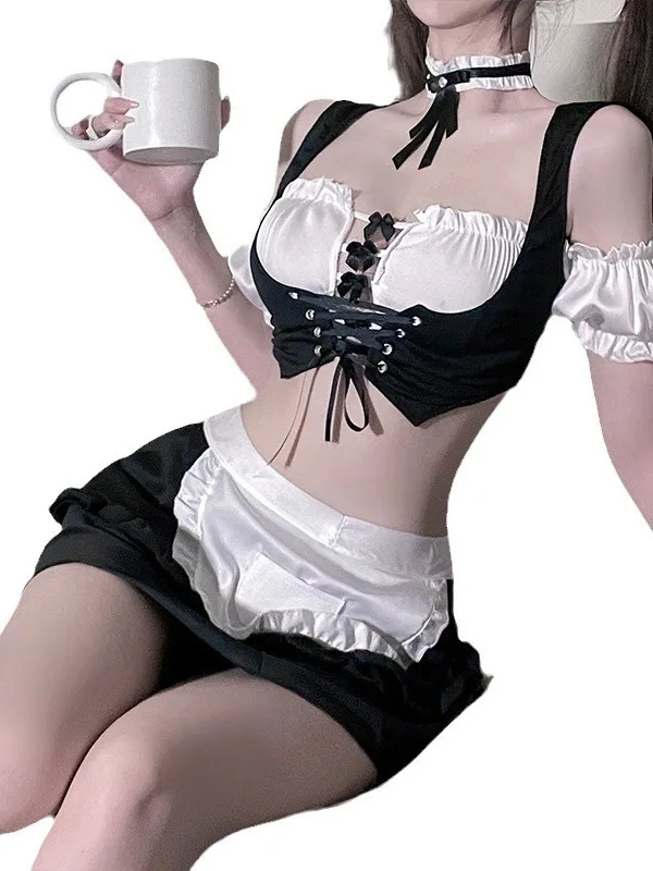 Sweet Mini Dress Bow Fashion Sexy Cute Maid Passionate Temptation Uniform Maid Girl Dress Elegant 2024 New Tops Korean C263