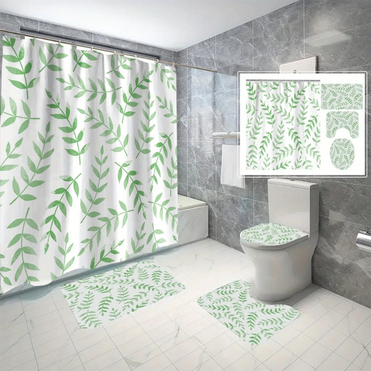 

4pcs Green Leaf Pattern Background Home Decor Shower Curtain Set Polyester Printed No-Hole Bathroom Divider