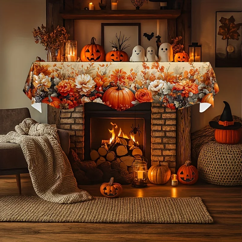 VIKAMA Fall Fireplace Mantel Scarf Floral Pumpkin Mantel Topper Harvest Fireplace Shelf Cover Thanksgiving Indoor Home Decor