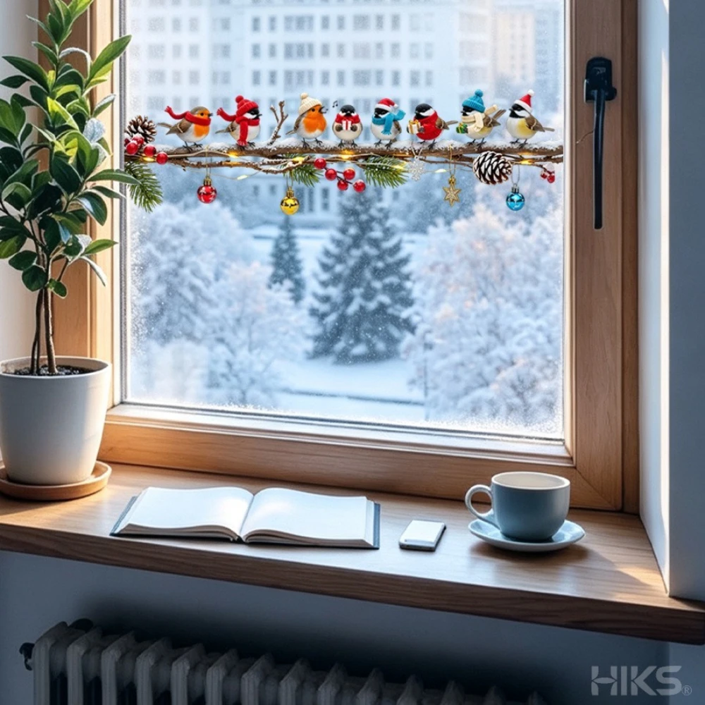 1 Stück Fensteraufkleber Weihnachten Niedliche Vögel auf Zweig mit Ornamenten Winter Schnee Wasserdichte Aufkleber für Fensterglas Selbstklebend – Detail 5