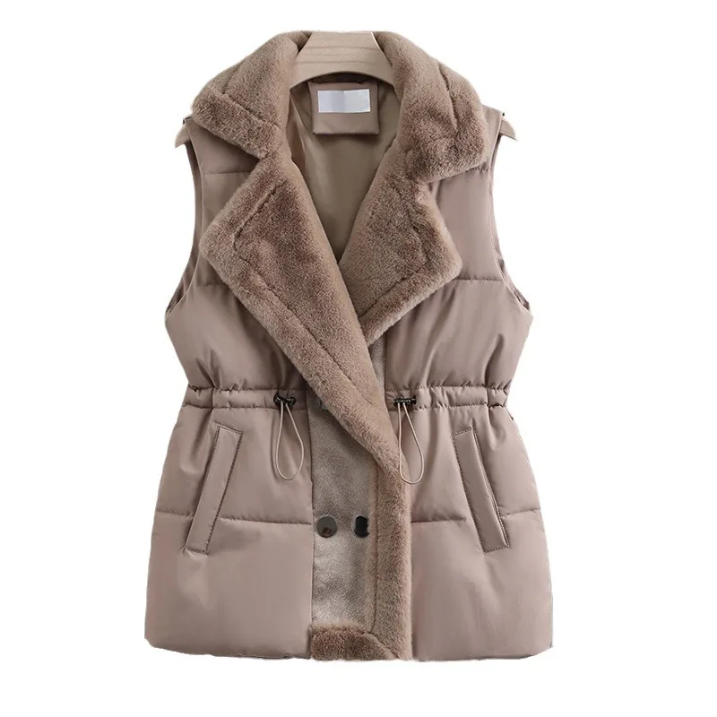 Women's Lambswool Patchwork Down Cotton Vest Winter Coat Outerwear Autumn New Leather and Fur Combination Brown Denim Vest