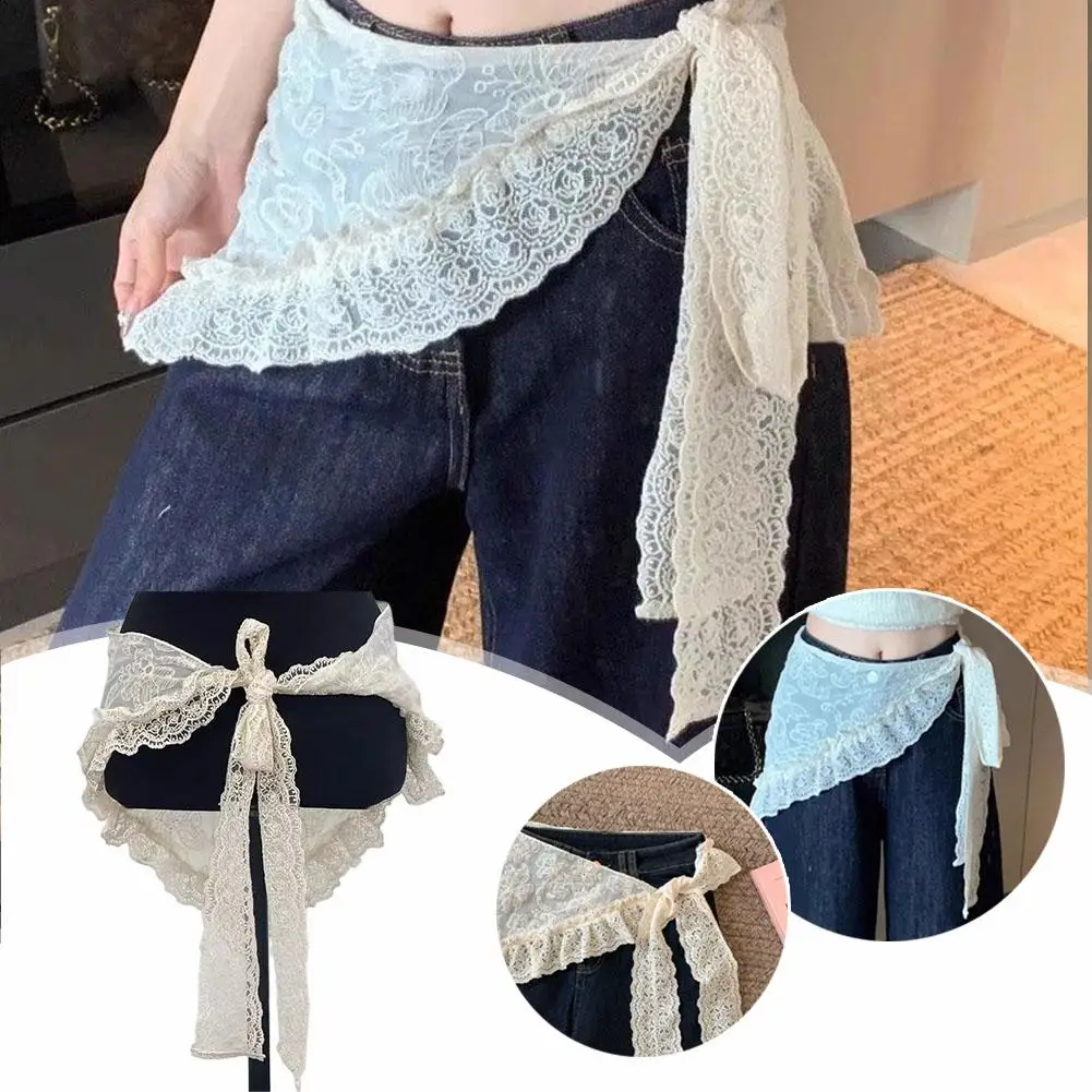 Sweet Vintage Lace Floral Triangle Scarf Belt Women Layering Skirt Overlay Ruffled Neckerchief Waist Accessories - view 4