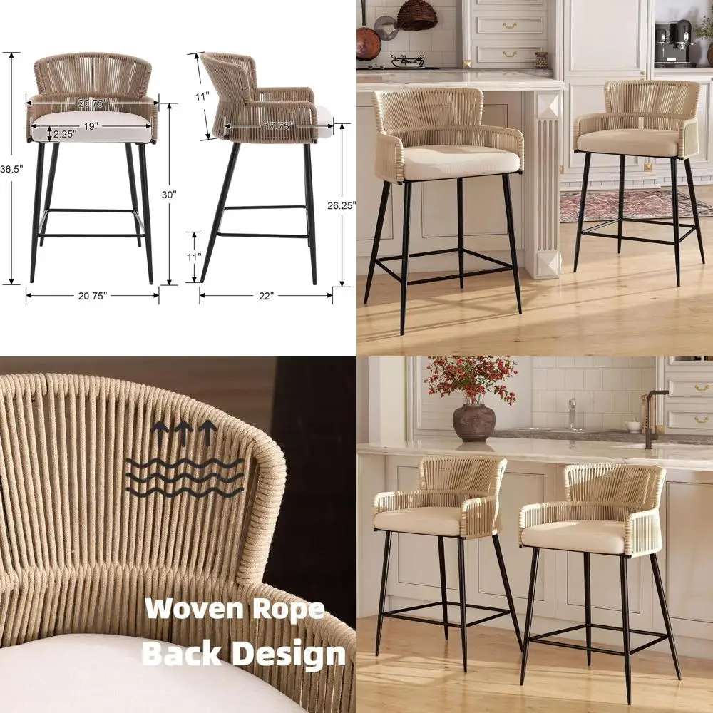 

Набор из 2 плетеных барных стульев в стиле фермерского дома, 26 дюймов, с обивкой из льна, ротанговые барные стулья с изогнутыми спинками, современные барные стулья для кухонного острова