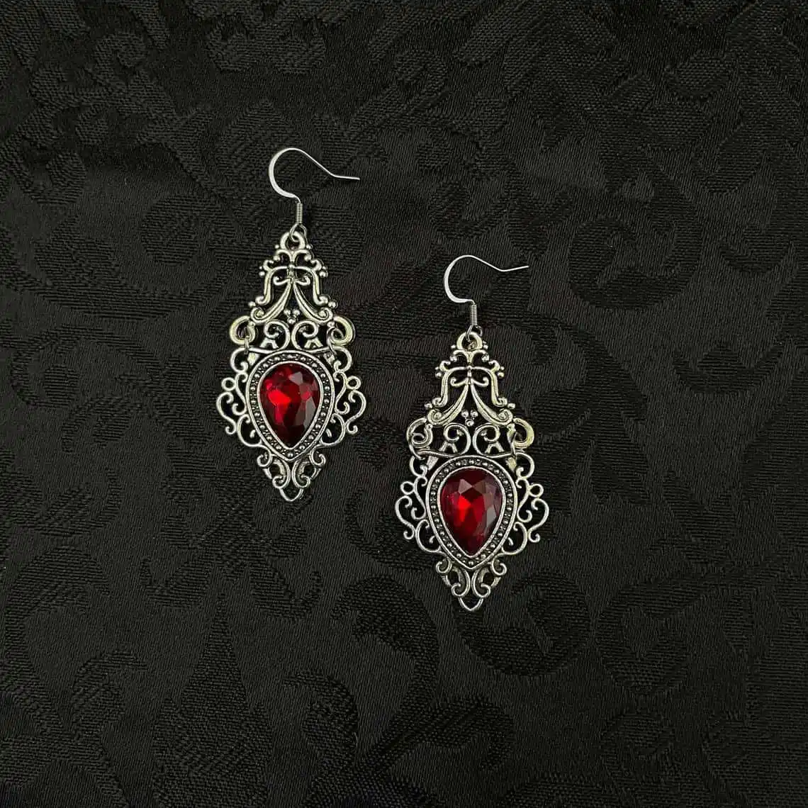Victorian Gothic Filigree Teardrop Crystal Dangle Earrings Black Bat Red Gem Multi-Color Rhinestone Drop Earrings,Witchy Jewelry