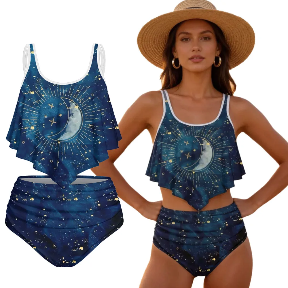 

2026 New Tankini Swimsuit for Women, Ruched High Waisted Bottom Two Piece Set, Adjustable Strap Galaxy Moon Print Beach Swimwear